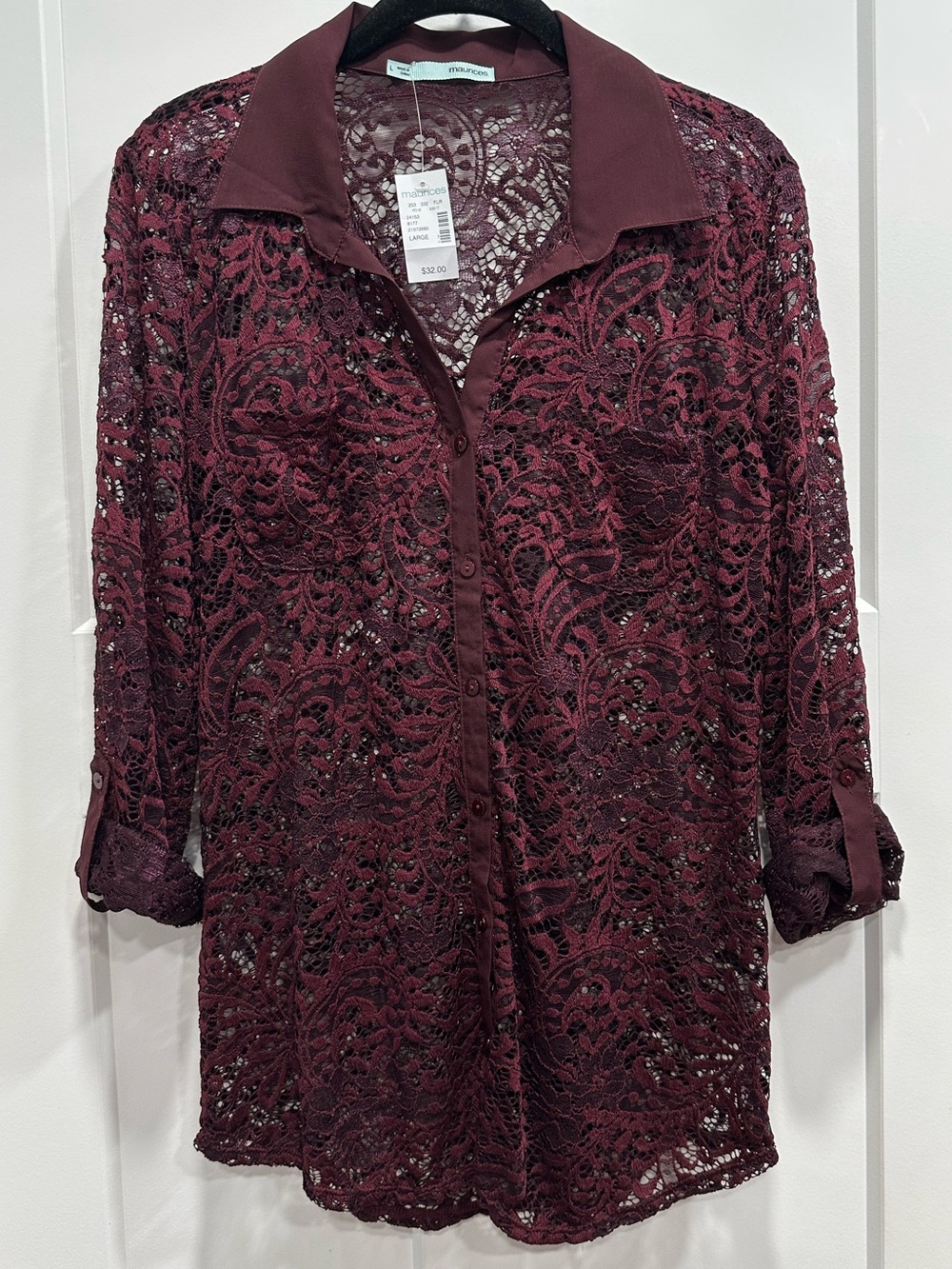 Maurices Burgundy Lace Button-Down Shirt Size Large